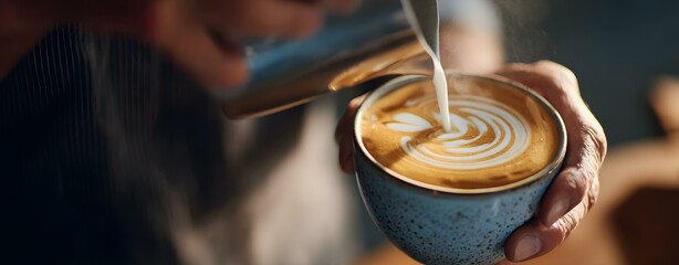 barista pouring latte art, barista pouring latte art close-up, barista pouring latte art swirl in natural light close-up, barista action close-up,

