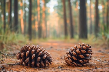 Pine cones resting on soft forest floor among towering trees in serene woodland landscape, Pine cones lying on the ground in a forest closeup beautiful Baltic coastline nature in Poland