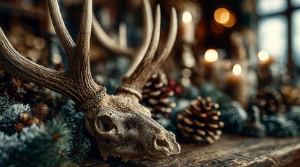 Obraz premium Close up of deer skull with antlers on wooden surface surrounded by pine cones and greenery