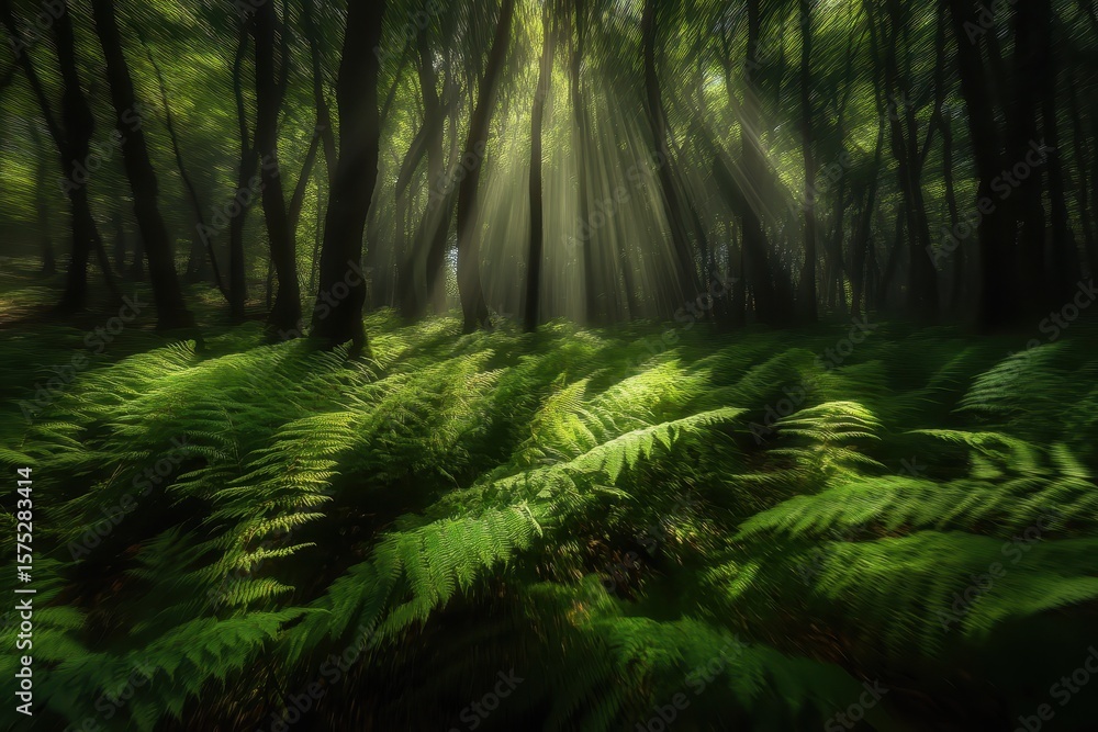 Poster ferns sway gently in the breeze under sunlight filtering through a dark forest canopy, ferns move in