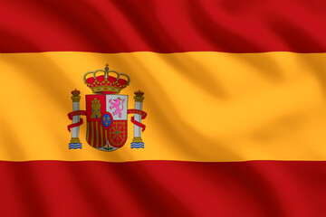 National flag of Spain waving in the wind with detailed coat of arms on a red and yellow background, symbol of Spanish heritage, culture, and identity