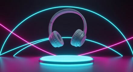 A floating, over-ear audio device is illuminated on a circular platform, highlighted by curved neon lines in a dark space