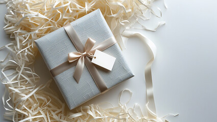 Luxury Ribbon Gift Wrap Surrounded by Shredded Paper Filler on White Background