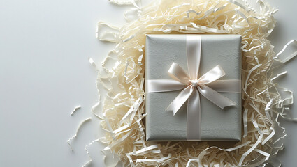 Luxury Ribbon Gift Wrap Surrounded by Shredded Paper Filler on White Background