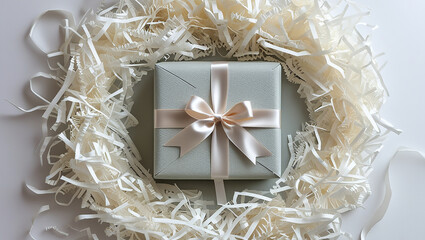 Luxury Ribbon Gift Wrap Surrounded by Shredded Paper Filler on White Background