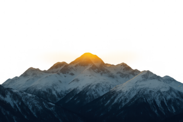 Majestic snow-capped mountain peaks bathed in the warm golden light of a setting sun, isolated on a transparent background
