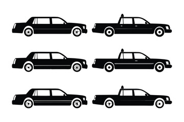 Limousine and Pickup Truck Silhouettes: A set of sleek, black silhouettes showcasing the side profiles of limousines and pickup trucks, ideal for graphic design projects.