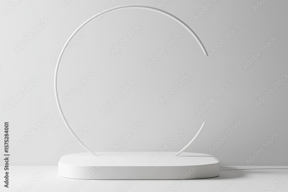 Poster modern white podium with round lamp for product display in minimalistic setting, white podium with r
