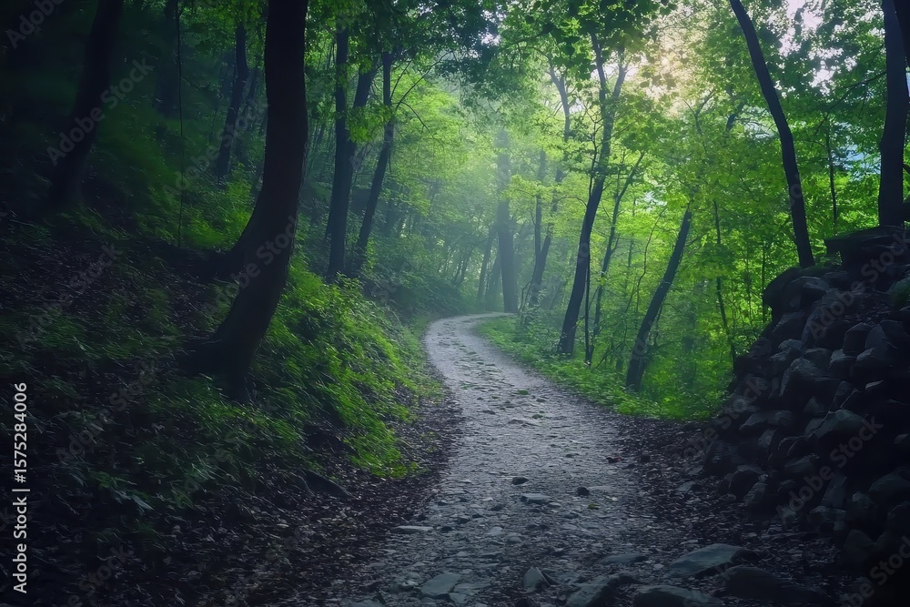 Poster exploring a winding path through a lush green forest at dawn, view of the path along the forest seam