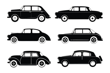 Fototapeta premium Classic Car Collection in Silhouette: A set of vintage vehicles, presented as bold, monochromatic silhouettes, each car exuding its own timeless charm and classic design.