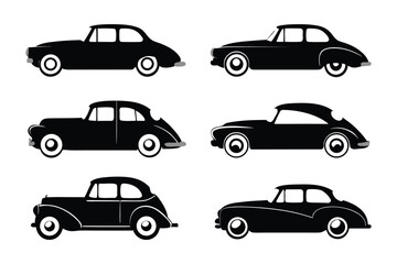 Classic Car Silhouette Collection: Six sleek, black classic cars, captured in precise silhouettes, showcase elegant design and timeless appeal.