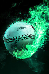 A dynamic baseball engulfed in vibrant green flames, symbolizing energy and motion