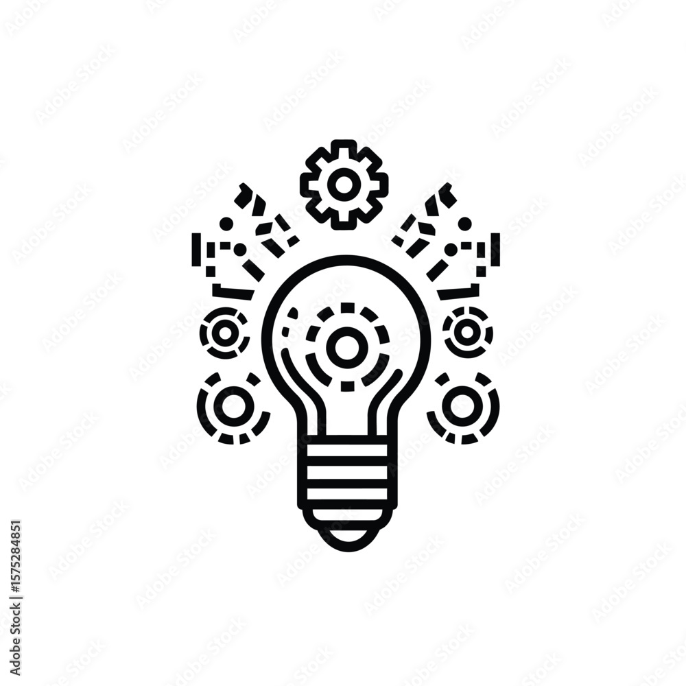 Poster black and white icon of lightbulb with gears representing idea generation process
