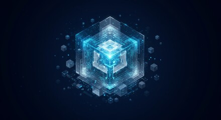A luminous, geometric composition featuring a central, glowing cube within a complex, blue digital landscape, suggesting futuristic tech