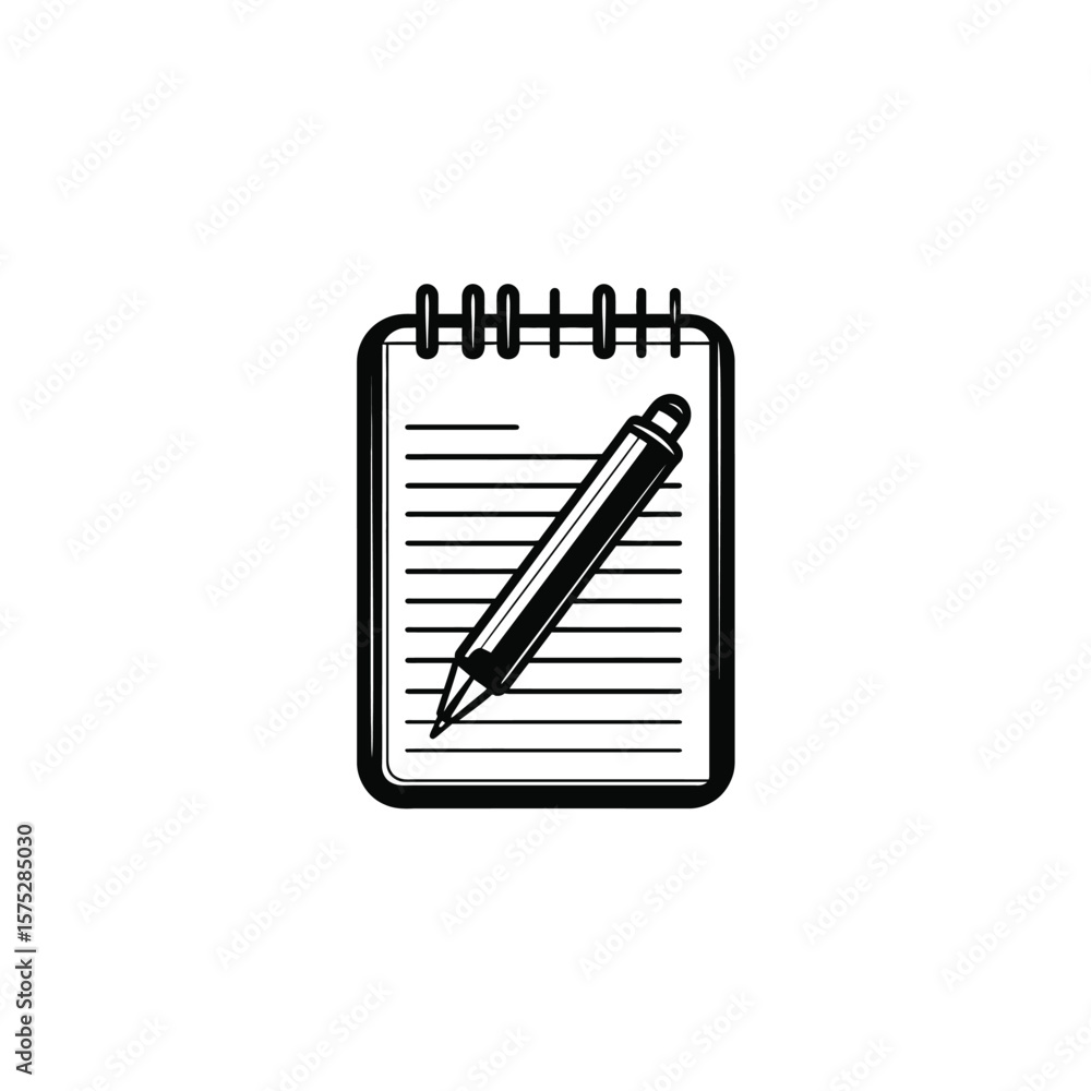 Poster black and white of a notepad with lines and a pen lying across
