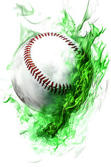 A dynamic baseball surrounded by vibrant green flames, symbolizing energy and motion
