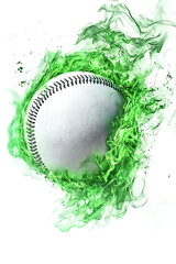A dynamic baseball surrounded by vibrant green splashes, symbolizing energy and motion