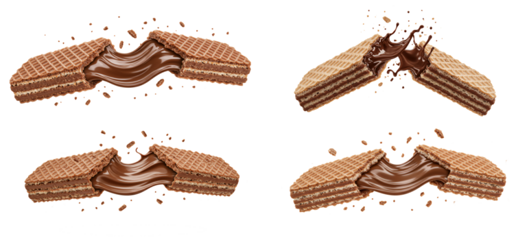 Delicious multilayered chocolate wafer breaking apart with creamy filling and flying crumbs on transparent background.