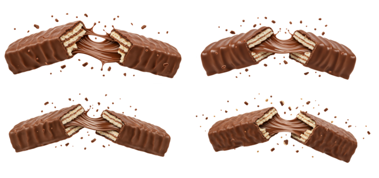 Indulgent Chocolate Bar Breaking Open Revealing Gooey Caramel and Wafer Layers on Transparent Background.