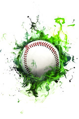 A dynamic baseball surrounded by vibrant green splashes of paint, symbolizing energy and excitement