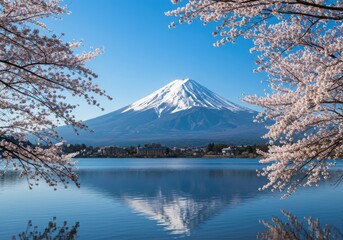 Mount fuji and cherry blossom reflection on lake with clear blue sky in japan 