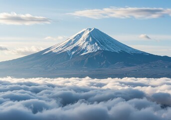 Mount fuji view from above the clouds with clear blue sky and snowy peak