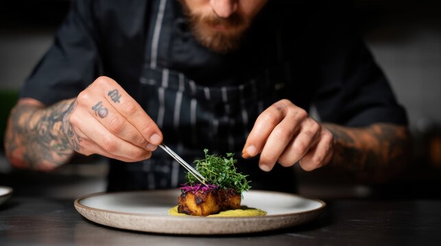 Culinary artistry in action chef plating gourmet dish modern kitchen food photography close-up gastronomy