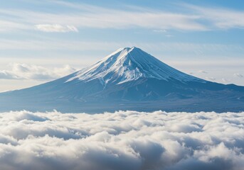 Mount fuji view from above the clouds with clear blue sky and snowy peak