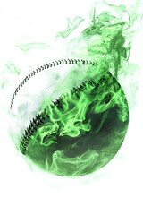 A dynamic green smoke-filled scene featuring a baseball in motion, capturing energy and excitement
