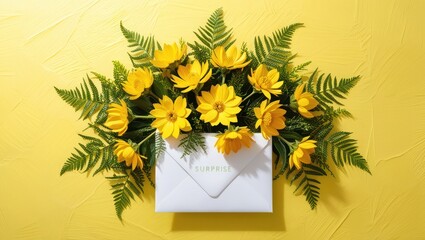 A white envelope overflowing with vibrant yellow flowers and green foliage.