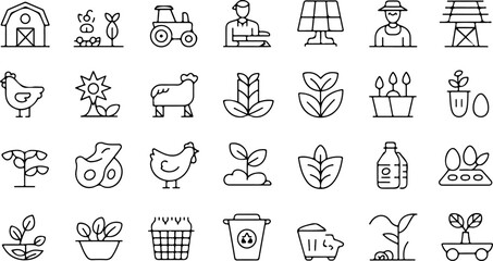 Collection of simple line art icons representing various aspects of farming including a barn tractor solar panels chickens plants and eggs