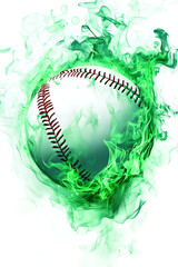 A dynamic baseball surrounded by vibrant green smoke, symbolizing energy and motion