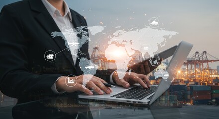 A person in a suit works on a laptop and a phone, overlaid with a world map and digital icons, with a port background