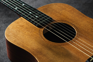 Obraz premium Close-up of Wooden Acoustic Guitar with Unique Grain Pattern