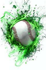 A dynamic baseball splashing through vibrant green paint, showcasing energy and motion