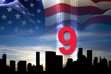 New York skyline with silhouette of Towers from light against the sky. Patriot Day banner. 9.11.2001