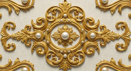 Obraz premium Luxurious gold baroque ornament with pearls on textured cream background