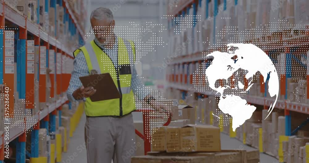 Poster warehouse worker entering aisle scanning labels using pallet jack checking stock under map overlay