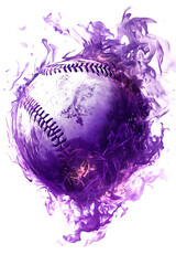 A vibrant purple baseball surrounded by swirling colorful smoke, symbolizing energy and motion