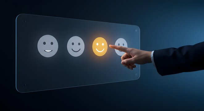 Businessman s finger selecting a happy face on a digital feedback screen