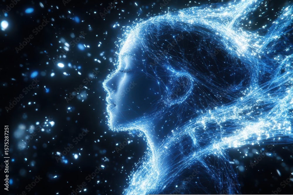 Poster visualization of abstract mind with glowing dots and lines concept theme
