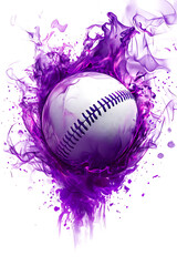 A dynamic baseball bursts through vibrant purple splashes, symbolizing energy and excitement