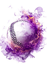 A dynamic baseball engulfed in vibrant purple smoke and flames, showcasing energy and motion