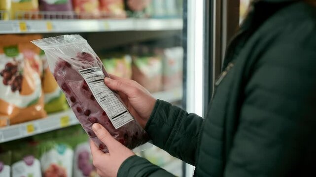 Person reading nutrition label on frozen food package in supermarket