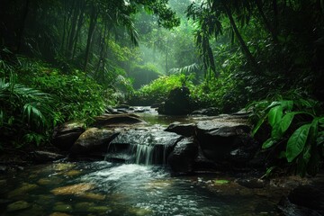 Obraz premium Majestic jungle forest with a serene water stream amidst lush greenery in a tropical setting, Wild nature landscape Jungle forest and water stream