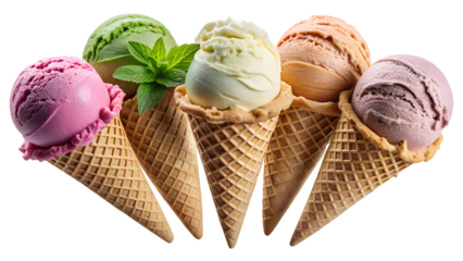 Colorful ice cream cones with various flavors isolated on transparent PNG offer a refreshing and delicious summer treat