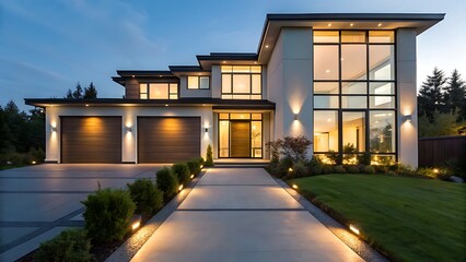 Obraz premium Modern luxury home exterior at dusk. Architectural design features sleek lines large windows. Evening scene with pathway lighting. Residential real estate. Home building exterior.