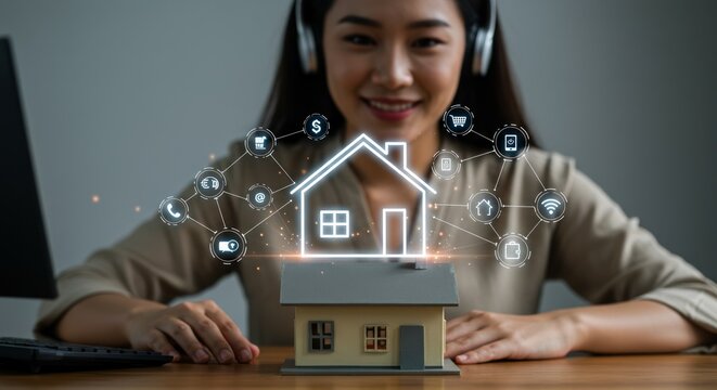 A smiling woman with a headset sits before a model house overlaid with digital icons, suggesting online property services