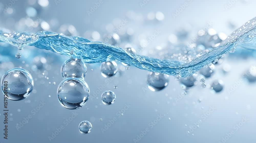 Poster green hydrogen infrastructure. water drops and bubbles floating on clear blue liquid surface with so