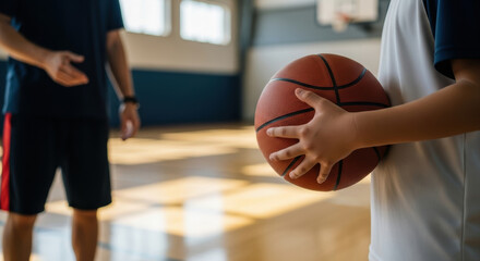 Young basketball player listens attentively to coach during training session in sunlit gym, focusing on ball and receiving guidance to improve athletic skills and teamwork abilities